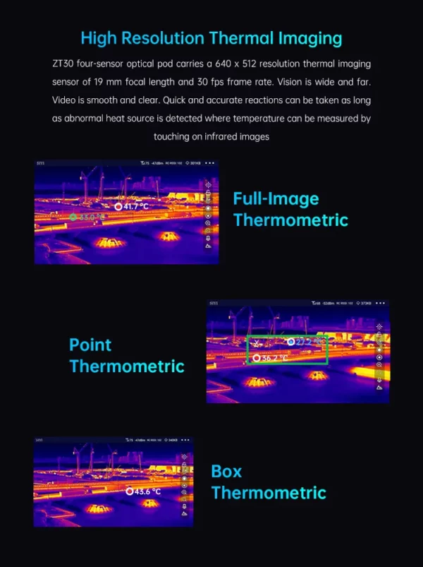 Thermal imaging output from SIYI ZT30 four-sensor gimbal camera in aerial surveillance