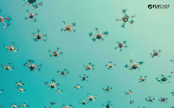 AI and drone swarm technology flying in synchronized formation